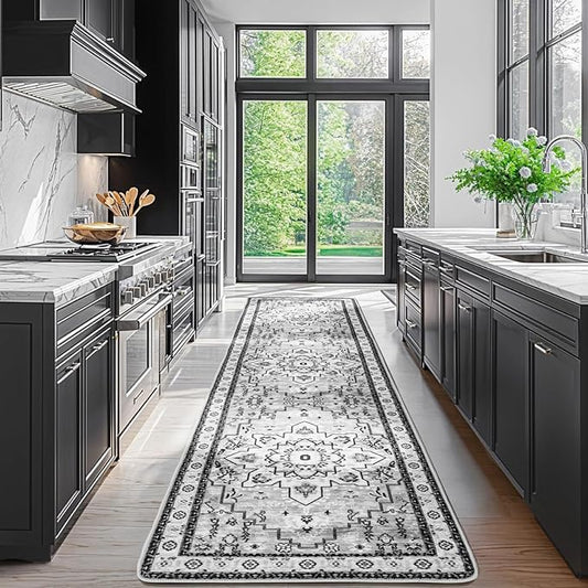 LBRO2M Boho Hallway Rug 2'X10’ Washable Runner Rugs Non Slip Low Piles Rugs Vintage, Soft, Gray Area Rug Runners for Hallways, Bedroom, Kitchen Laundry Room Pattern Print (2'X10', Light Gray)