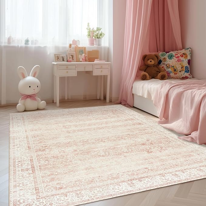 Light Pink Bedroom Rugs 6x9 Vintage Distressed Aesthetic Cute Boho Floral Feminine Low Pile Soft Carpet Machine Washable Stain Resistant Area Rugs for Kids Room Nursery Playroom Office 6 x 9