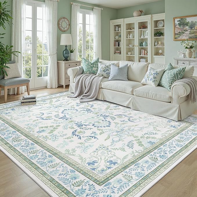 DCX Area Rug 4x6 Botanical Floral Washable Rugs in Green and Blue Soft Non Slip Low Pile Stain Resistant Carpet for High-Traffic Areas Bedroom Kitchen Entryway