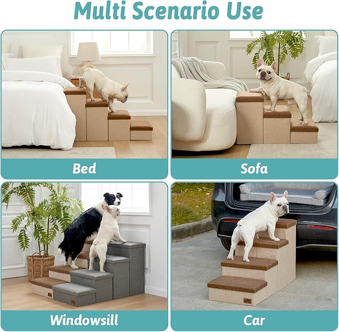 Dog Stairs with Storage, 4-Step Wider Sturdy Dog Steps for Small/Medium/Large Dogs and Older Cats, Folding Doggie Ramp for Bed/Couch/Car Hold Up to 180 lbs (22" H, Brown)