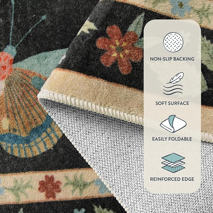 Lahome Insect Washable Round Rugs, Non-Slip Soft Round Rug 4ft Ultra-Thin, Small Boho Circle Carpet for Entryway Kitchen Bedroom Nursery Bathroom, Black