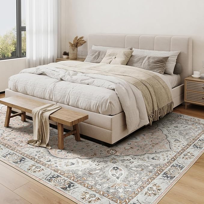 6x9 Area Rugs for Living Room - Stain Resistant Machine Washable Rugs for Bedroom,Non-Slip Backing Large Area Rug (Peach/Gray, 6'x9')