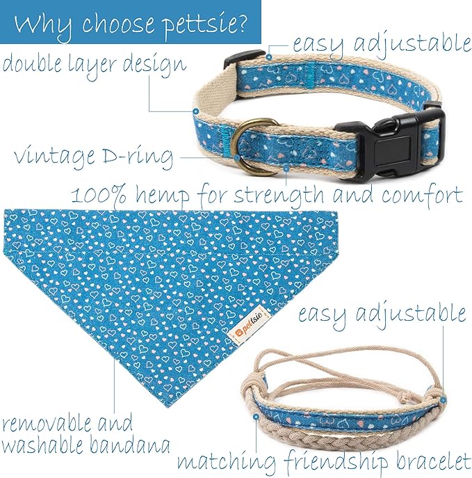 Pettsie Adjustable Dog Bandana Collar with Matching Owner Friendship Bracelet – Soft & Durable Hemp, Stylish Removable Scarf for Dogs, Gift-Ready Set for Pet Lovers, Small, Blue