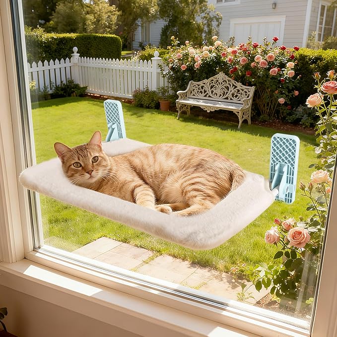 Revolutionary Cat Window Perch Hammock with Strong Adhesive Tapes, Solid Metal Frame and Reversible Cover Cat Bed for Window, Foldable Design