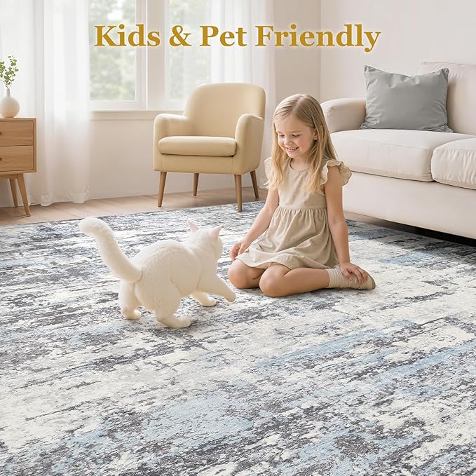 Area Rugs for Living Room: 5x8 Abstract Washable Rug Modern Neutral Large Soft Stain Resistant Non-Slip Backing Machine Table for Bedroom Dining Room Indoor Home Office Carpet - Blue Grey