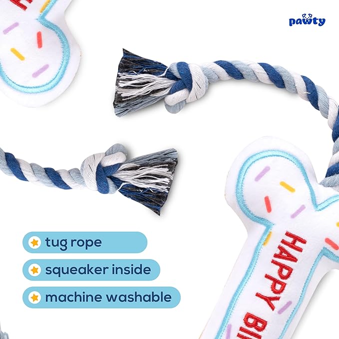 Birthday Bone Interactive Dog Toy - Interactive Tug Rope Pet Toy - Cute Unique Design Party Birthday Gift - Small Medium Puppy - Durable Chew Resistant Plush Toy with Squeaker for Teething (White)