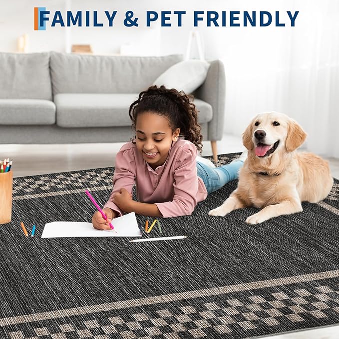 GarveeHome Washable Area Rugs 8x10 Non Slip Soft Large Living Room Rug Modern Checkered Bedroom Rug Soft Geometric Bordered Throw Carpet for Dining Room Home Decor Office Nursery, Black