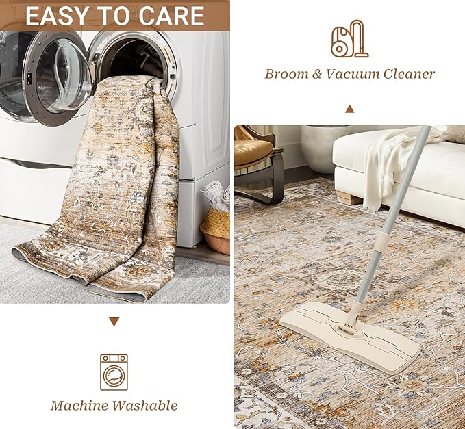 6x9 Area Rugs for Living Room - Stain Resistant Machine Washable Rugs for Bedroom,Non-Slip Backing Large Area Rug (Apricot/Blue, 6'x9')