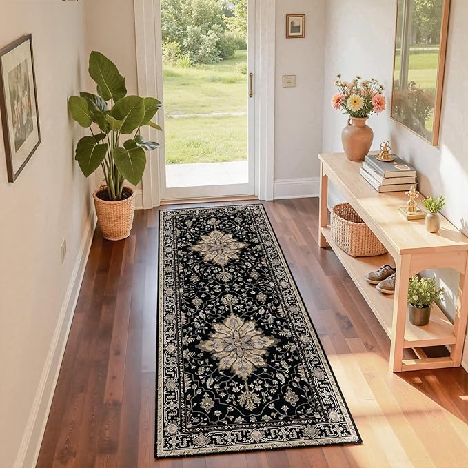 Area Rugs 2'x6' Runner Rug Non Slip Washable for Kitchen Hallway Bedroom Beside Laundry Room Bathroom Rug, Floor Carpet, Black Brown Neutral Dark Tan