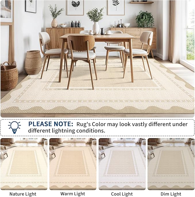 GarveeHome Washable Area Rugs 10x13 Modern Border Neutral Print Pattern Large Solid Rugs, Low Pile Non Slip Stain-Resistant Soft Carpet, Perfect for Living Room, Bedroom, Kids Room, Nursery, Beige