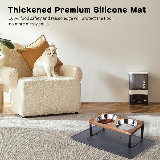 Upgraded Elevated Cat Bowls with Food Mat,15°Tilted Stand Anti Vomiting Raised Cat Dishes for Food and Water,2 Stainless Steel Bowls for Cats and Puppy（Rustic Brown）