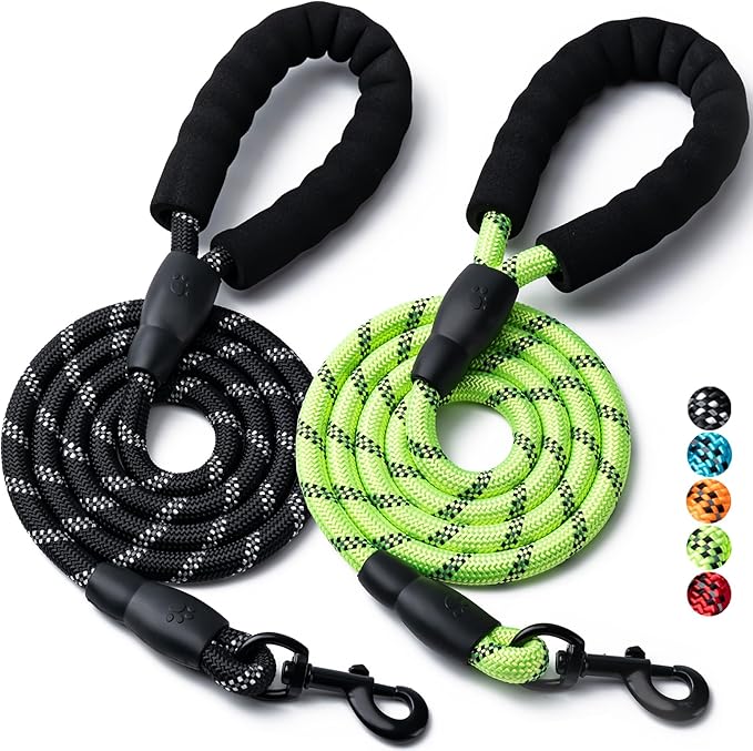 2 Pack Dog Leash, 4/5//6 FT Heavy Duty Nylon Rope Pet Leashes with Comfortable Padded Handle, Reflective Dog Leashes for Small Medium and Large Dogs (4FT-1/2,Black/Green)