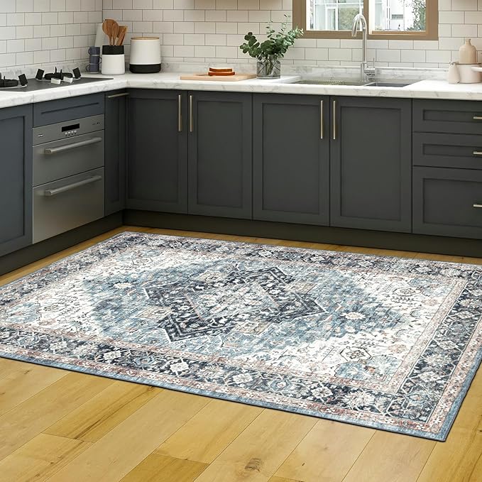 Area Rug 3횞5, Vintage Boho Rug,Ultra-Soft Low Pile, Washable, Non Slip,Stain Resistant Printed Carpet for Living Room Bedrooms Playroom Office Kitchen, Blue/Navy