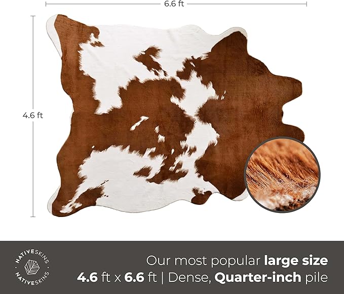 NativeSkins Faux Cowhide Rug ??Brown and White (Large) | 4'7" x 6'7" | Triple-Layer Support | Ultra-Soft Pile | Hand-Cut, Faux Suede No-Slip Backing | Western Rug | Cow Hide Animal Print