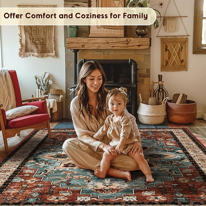 LBRO2M Boho Area Rug 8X10 Washable Rugs for Bedroom Low Piles Indoor Carpet, Non Slip Soft Rug for Living Room, Dining Room, Red Rug Foldable Pet Friendly Area Rugs Stain Resistant (8'X10' Red Teal)