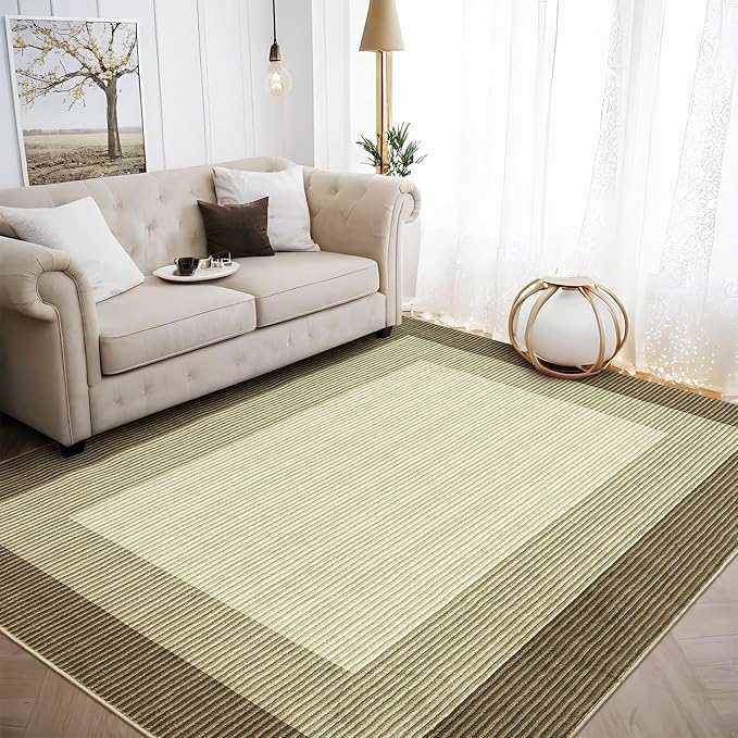 GarveeHome Area Rugs 10x13 Living Room Rug, Machine Washable Rug Large Modern Bordered Rug Soft Carpet Bedroom Non Slip Stain Resistant Neutral Solid Border 10x13 Carpet for Farmhouse Brown