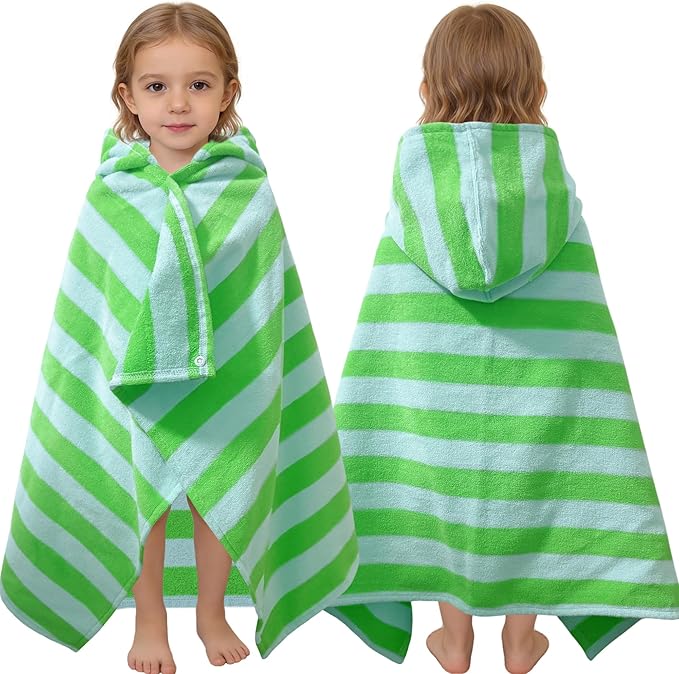 VOOVA & MOVAS Toddler Hooded Bath Towels 0-3T, 25''X40, Soft | Thick | 100% Cotton | Absorbent Towel Wrap for Baby, Perfect for Beach, Pool, Bath, Swimming,Green Stripe