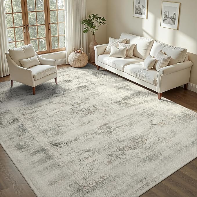 DCX 9x12 Beige Rug, Machine Washable Stain Resistant Distressed Vintage Rug, Kid & Pet Friendly with Rubber Back Non Slip Soft Low Pile Large Carpet for Living Room, Bedroom, Home Office