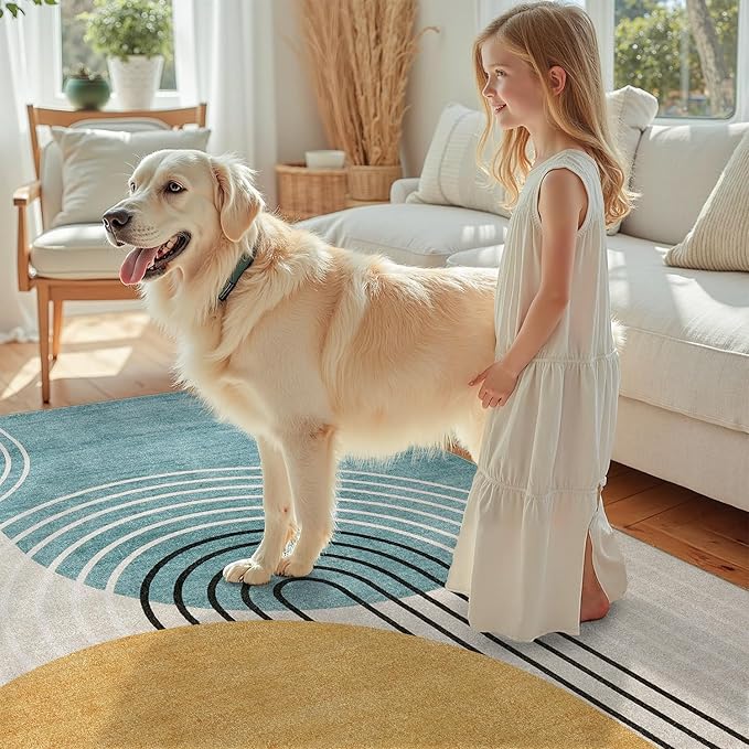 DCX Machine Washable Area Rug 9x12, Mid Century Modern Non Slip Stain Resistant Rug 9x12 for Living Room, Playroom, Dining Room, Soft Low Pile Large Carpet, Blue & Yellow