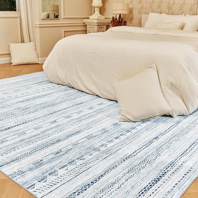 6x9 Area Rugs for Living Room Machine Washable Rug Distressed Indoor Carpet Neutral Moroccan Boho Rug Ultra Soft Area Rug for Bedroom Dining Room Playroom Office,Blue