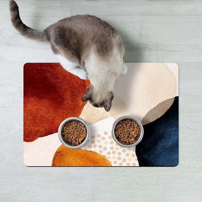 Rnivvi Dog Food Mat, 12" x 19" Absorbent Dog Cat Bowl Mat for Food and Water, 3MM Anti-Slip Rubber Pet Feeding Rug Protect Floors, Puppy Placemat for Feeding & Watering Supplies, Abstract Stones