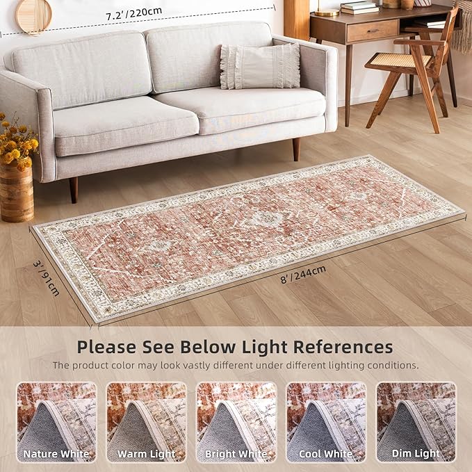 Deerly Rug Runner - Boho 3x8 Washable Kitchen Rug Runner with Non-Slip Backing, Non-Shedding Floral Soft Runners for Hallways Distressed Carpet Runner Rugs for Bedroom Brick Red