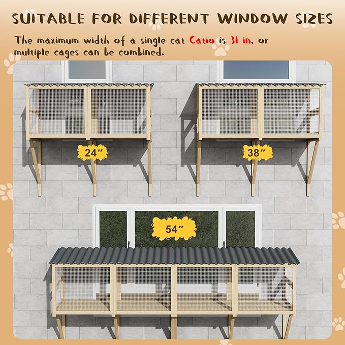 Outdoor Cat Window Perch, Catio Cat Enclosure Window Box Access with Double Doors for Cats Tunnel, Cats Patio w/All-Weather Roof for Indoor Kitty Sunbathing, Napping