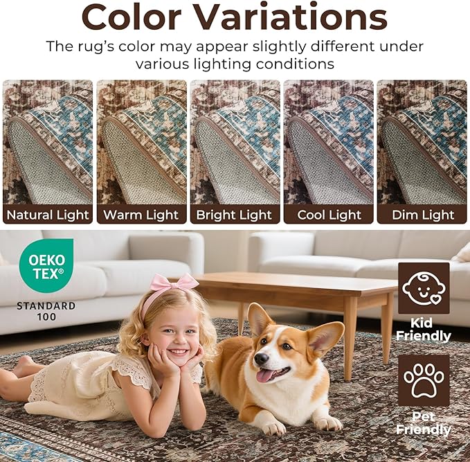 Washable Area Rugs 5x7 Vintage Red, Indoor Rug for Living Room Bedroom, Traditional Farmhouse Carpet for Dining Room