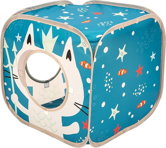 Kitty City Ocean-Themed Pop-Up Cat Play Cube, Collapsible Indoor Cat Hideout with Peekaboo Openings, Lightweight Foldable Cat Cube for Play & Lounging