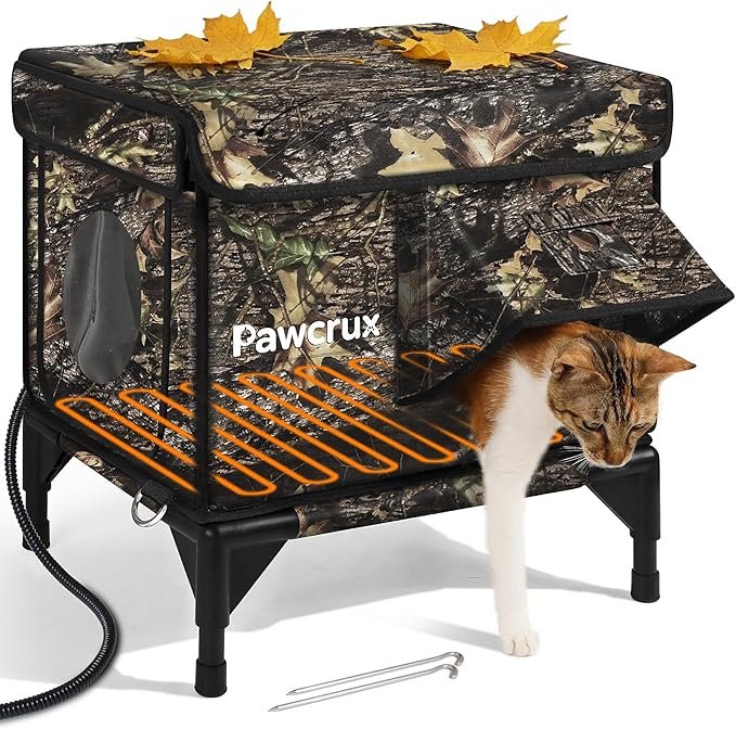 Weatherproof Heated Cat House for Outdoor in Winter, Heated Cat Bed Kitty Shelter with Cat Heating Pad, Insulated & Safe Escape Door, Warm House for Outside Stray Cat(Leaf Color, 12.6"x16.5"x16.9")