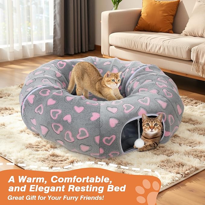 Cat Tunnels for Indoor Cats, 35'' Plush Cat Tunnel Bed with Playful Ball and Circle Cushion, Multifunctional Peekaboo Cat Cave, Interactive Toy Gift for Cats, Kittens, Rabbits, Gray&Heart