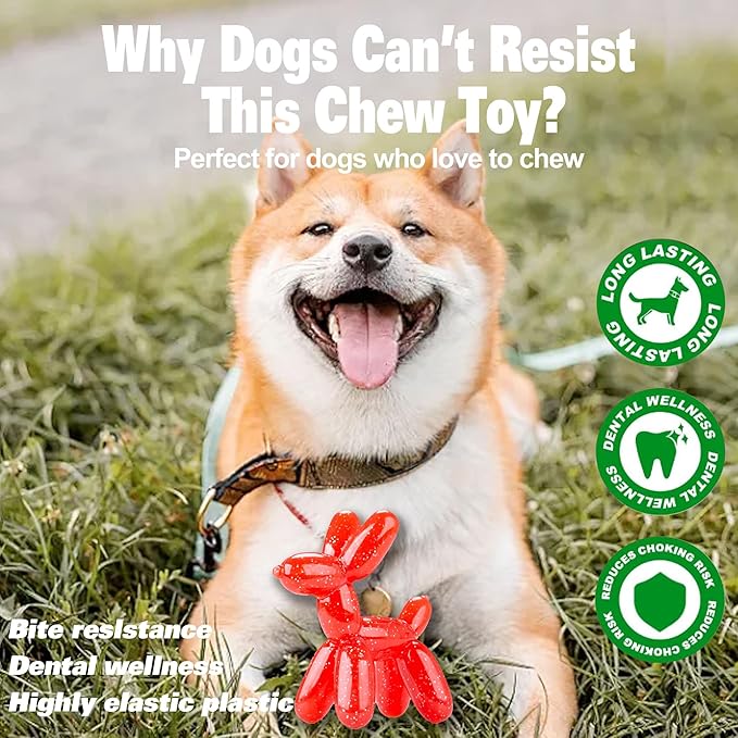 Durable Dog Chew Toy – Balloon Dog Shape, 4.72” for Small & Medium Dogs, Tough Plastic, Interactive Chew Toy for Boredom & Dental Health（Red）