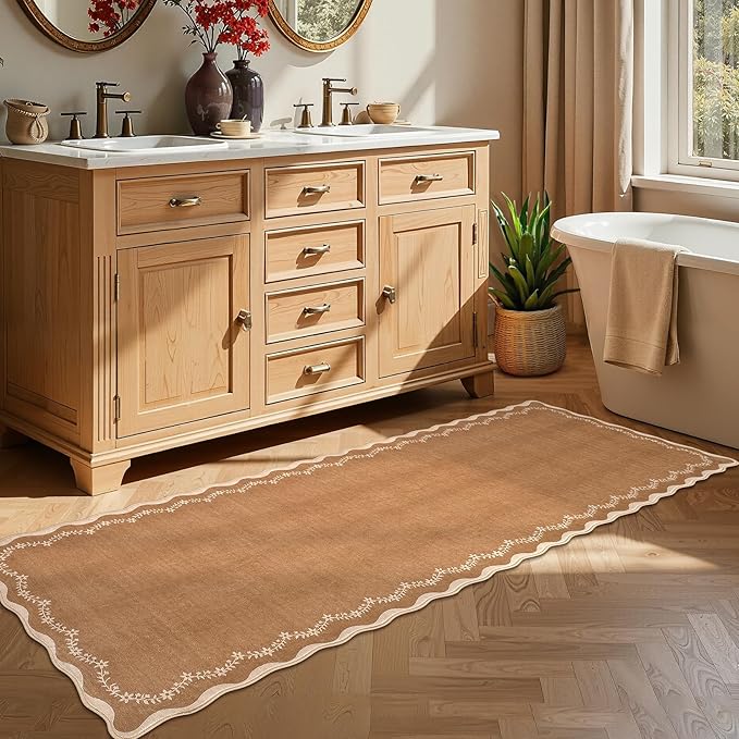 GarveeHome 2x6 Scalloped Washable Runner Rug for Kitchen, Soft Brown Hallway Runner Non Slip Entryway Rug Farmhouse Thin Laundry Mat Stain Resistant Carpet for Bedroom Bathroom Beside Rug