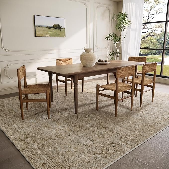 Washable Living Room Area Rugs: 6'x9' Large Rug Stain Resistant Distressed Vintage Boho Carpet Non Slip Low Pile Faux Wool Soft Rug for Kitchen Dining Room Nursery Kids Playroom Farmhouse Bedroom