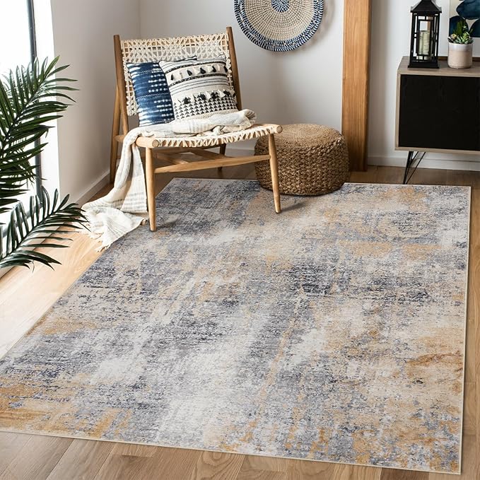 DomDomitapis Area Rug 3횞5, Vintage Boho Rug,Ultra-Soft Low Pile, Washable, Non Slip,Stain Resistant Printed Carpet for Living Room Bedrooms Playroom Office Kitchen, Gold/Grey