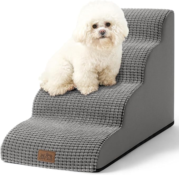 Dog Stairs for Small Dogs 19.7" H, Curved Dog Step for Puppy, Older or Cat, Medium Pet Ramp for Sofa, Couch or Bed, Ladder with High Density Foam, 4 Step, 15.7x28.3x19.7 inch, Dark Grey