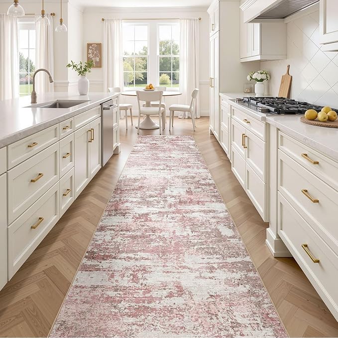 Area Rugs for Living Room: 3x12 Abstract Washable Rug Modern Neutral Large Soft Stain Resistant Non-Slip Backing Machine Table for Bedroom Dining Room Indoor Home Office Carpet - Pink