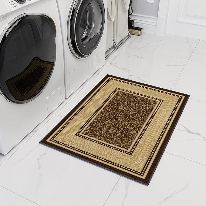 Ottomanson Rugs for Entryway 2'3" x 3' Non Slip Border Small Area Rugs Durable Front Door Mat Rug Stain Resistant Entrance Rugs for Bathroom Kitchen Bedroom & Living Room, Brown