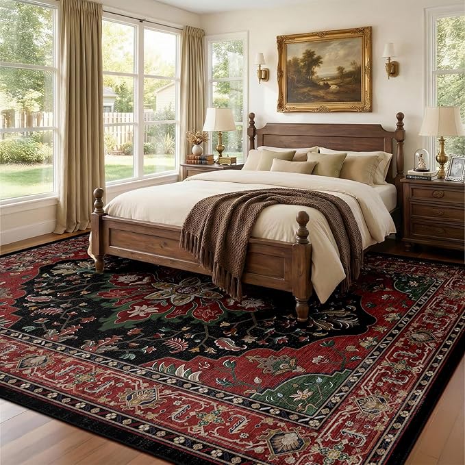 Area Rugs 8'x10' Washable Non-Slip, Floral Vintage Distress Print Pattern Medallion Carpet for Living Room Bedroom Dining Room, Red Black