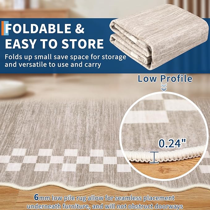 GarveeHome Hallway Runner Rug 2x6 Non Slip Scalloped Washable Rug for Kitchen Entry Stain Resistant Modern Border Throw Floor Carpet Long Runner Mat for Bathroom Living Room Bedside, Fog