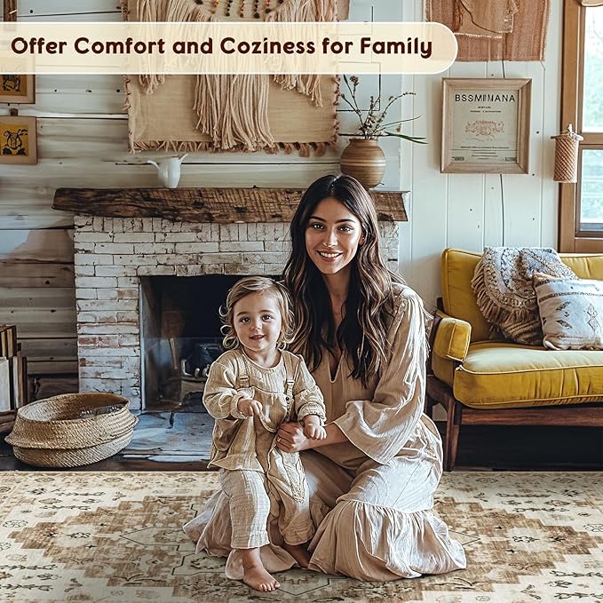 LBRO2M Boho 4X6 Rug Washable Rugs for Bedroom Non Slip Indoor Carpet, Soft Low Piles Rug Cream Foldable Rugs for Living Room Pet Friendly Area Rugs Stain Resistant (4'X6' Butter Cream)