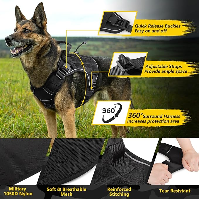 WINGOIN Black Tactical Dog Harness for Large Dogs, Heavy Duty No Pull Dog Harness with Handle, Adjustable Reflective Military K9 German Shepherd Big Size Dog Vest for Walking, Training, Hunting (L)