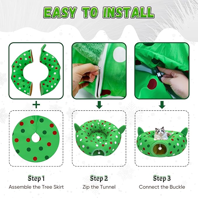 Cat Tunnel Christmas Tree Skirt, 3ft x 3ft x 9.8in Cat Tunnels for Indoor Cats, Grinch Cat Tunnel Bed with Hanging Ball and Cat Ears, Kitten Toys for Indoor Kittens Puppy Rabbit Ferret