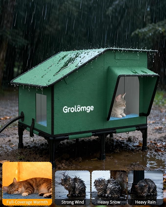 Heated Cat House for Outside, Elevated Cat Shelter with Heating Pad & Escape Door, Extremely Insulated Outdoor Cats Shelter for Feral Cats, Community Pets, Kittens