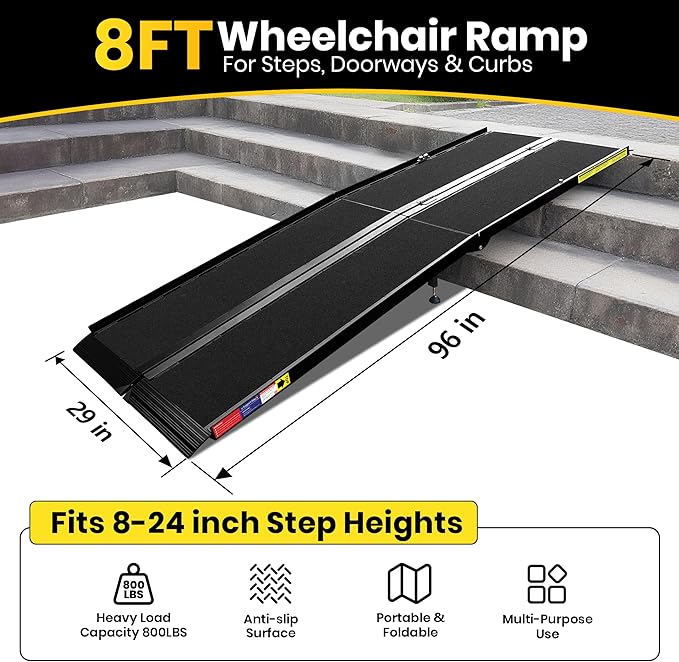 8FT Portable Wheelchair Ramp with Quick-Lock, Black Seamless Non-Slip Aluminum Folding Handicap Ramp,Threshold Ramp for Doorways, Wheel Chair Ramp for Home Steps