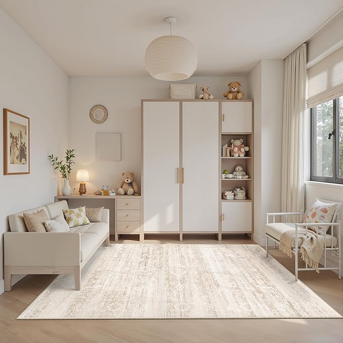 6x9 Area Rugs for Living Room, Stain Resistant Neutral Washable Rugs for Dining Room, Floral Vintage Non-Slip Thin Area Rug Farmhouse Rug Beige Ivory