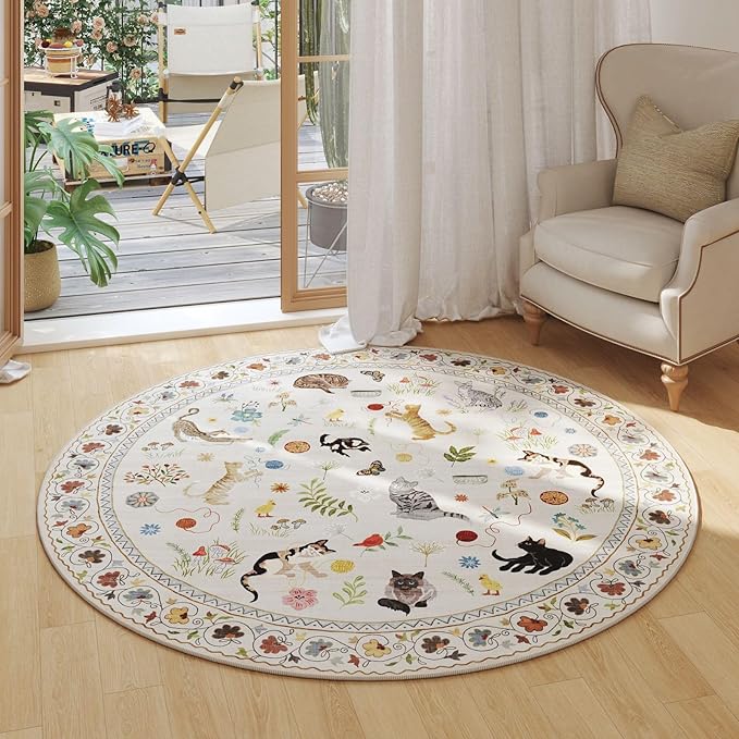 Rugcomf Round Rug 4ft Washable Circle Rug Non Slip Low Pile Boho Floral Animal Cat Small Circular Rug for Bedroom Bathroom Entryway Kids Room Office College Dorm, Beige