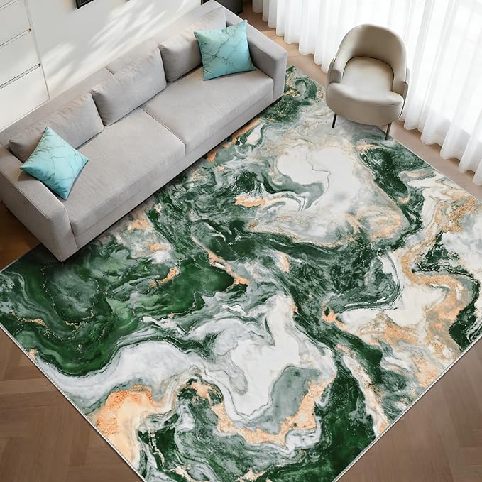 Yinhua Marble Rug 5x7, Abstract Area Rugs Non Slip, Green and Gold Modern Rugs Low Pile, Soft Faux Wool Washable Rug Stain Resistant, Contemporary Carpet for Bedroom Dining Room Office