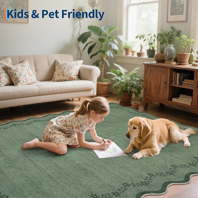 GarveeHome Scalloped Area Rugs 8x10 for Living Room, Dark Green Large Washable Rug Soft Non Slip Backing Floor Mat Carpet Indoor Thin Rug for Bedroom Dining Room Playroom Nursery Home Decor