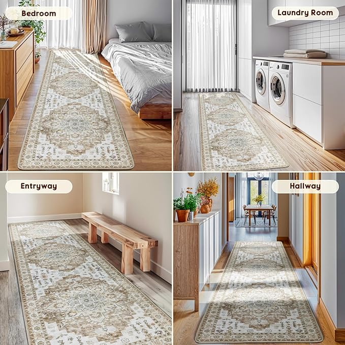 LBRO2M Boho Hallway Rug 2'X10’ Washable Runner Rugs Non Slip Low Piles Rugs Vintage, Soft, Cream Area Rug Runners for Hallways, Bedroom, Kitchen Laundry Room Pattern Print (2'X10', Cream)